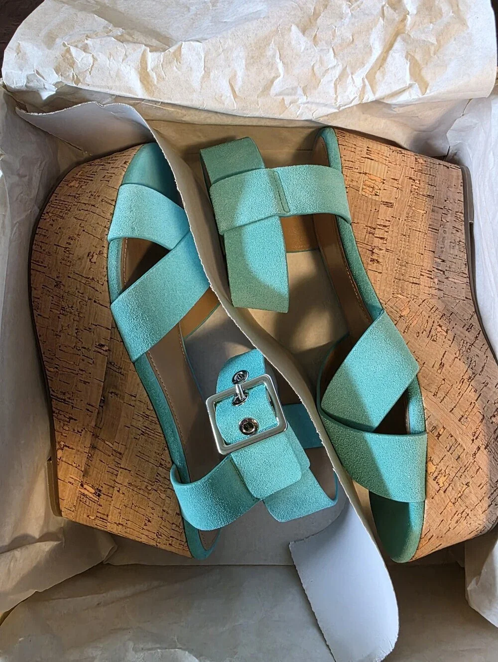 ​Marc Fisher LTD Cacie Light Green Suede Cork Platform Wedge Sandals Size 7.5 M